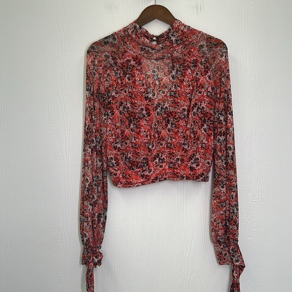 Free People - All Dolled Up Red Floral Print Mesh Long Sleeve  Top Size … - Picture 9 of 15